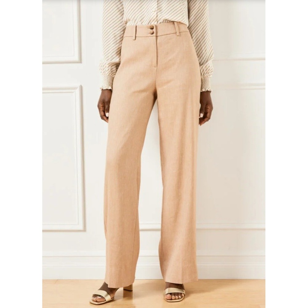 TALBOTS Wide Leg Textured Stretch Linen Pants Size 12 Beige Tan NEW Career Work
